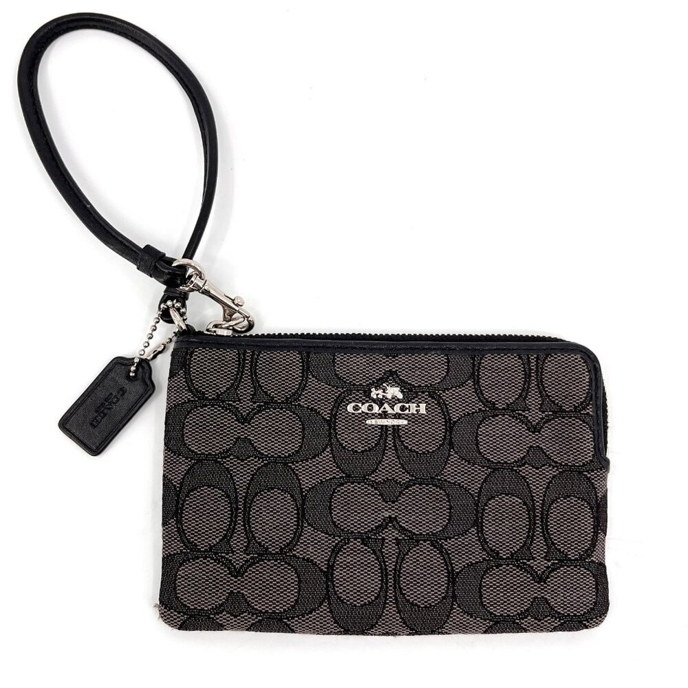 Coach Outlet Corner Zip Wristlet Black Signature Canvas Leather Pouch Wallet